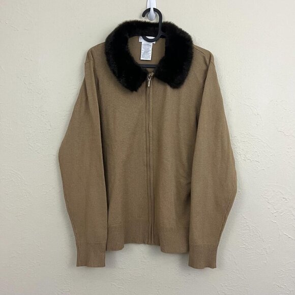 beige vintage 90s girly downtown it girl knit zip up sweater w/ faux fur collar - Picture 3 of 8